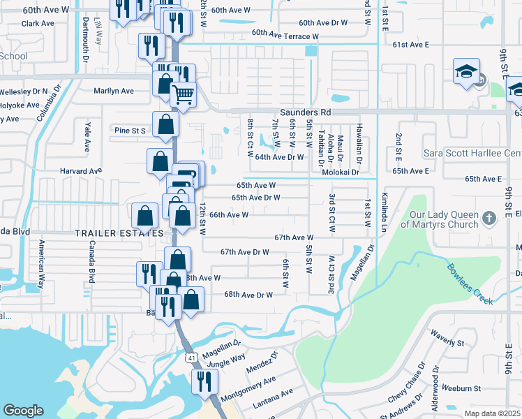 map of restaurants, bars, coffee shops, grocery stores, and more near 804 65th Avenue Drive West in Bradenton