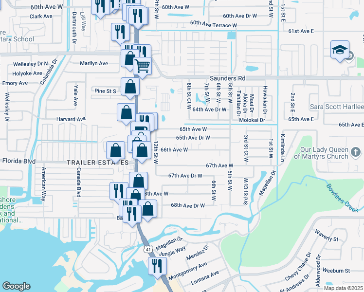 map of restaurants, bars, coffee shops, grocery stores, and more near 912 65th Avenue Drive West in Bradenton