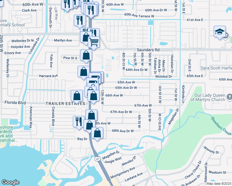 map of restaurants, bars, coffee shops, grocery stores, and more near 912 65th Avenue Drive West in Bradenton