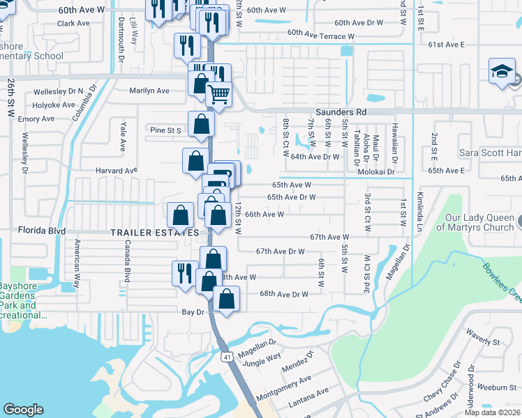 map of restaurants, bars, coffee shops, grocery stores, and more near 912 65th Avenue Drive West in Bradenton