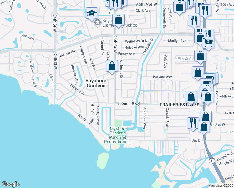 map of restaurants, bars, coffee shops, grocery stores, and more near 2501 Rose Avenue in Bradenton