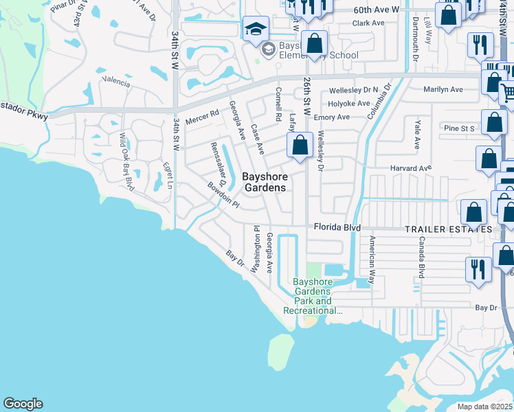 map of restaurants, bars, coffee shops, grocery stores, and more near 2912 Baylor Place in Bradenton