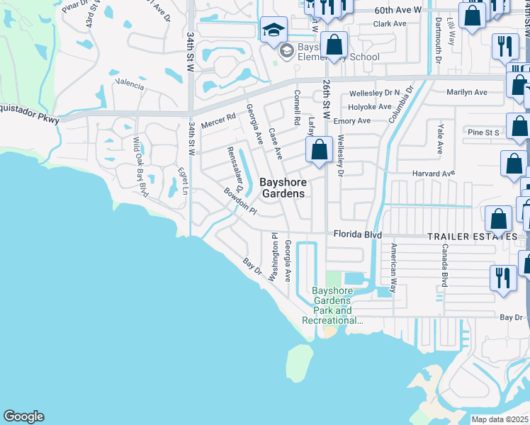 map of restaurants, bars, coffee shops, grocery stores, and more near 2912 Baylor Place in Bradenton