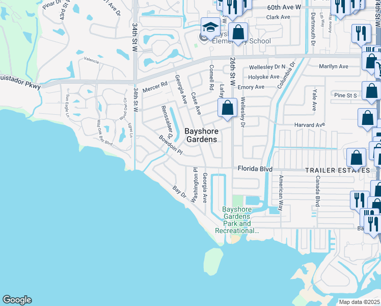 map of restaurants, bars, coffee shops, grocery stores, and more near 2912 Baylor Place in Bradenton