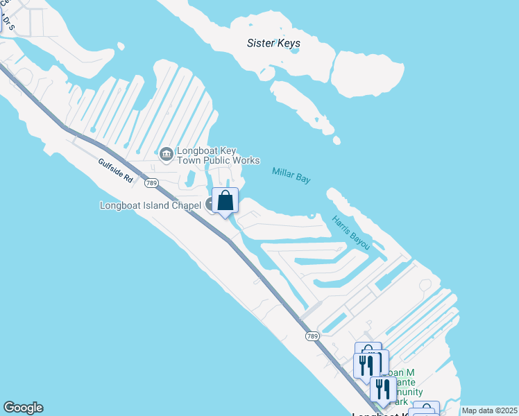 map of restaurants, bars, coffee shops, grocery stores, and more near 21 Dream Island Place in Longboat Key