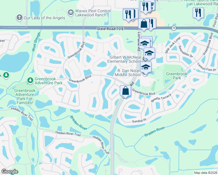map of restaurants, bars, coffee shops, grocery stores, and more near 6534 Field Sparrow Glen in Lakewood Ranch