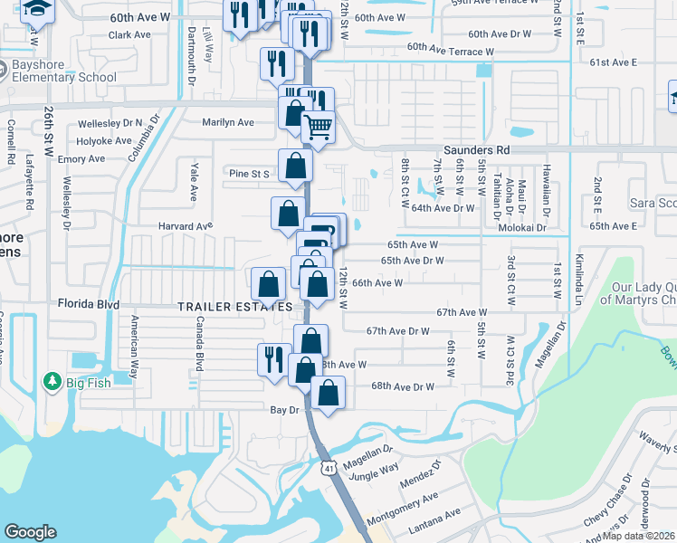 map of restaurants, bars, coffee shops, grocery stores, and more near 1112 65th Avenue Drive West in Bradenton