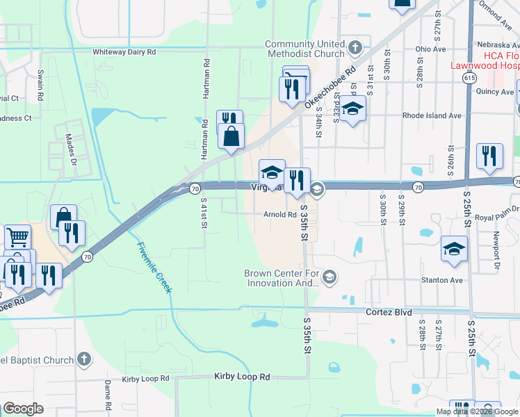 map of restaurants, bars, coffee shops, grocery stores, and more near 3608 Arnold Road in Fort Pierce