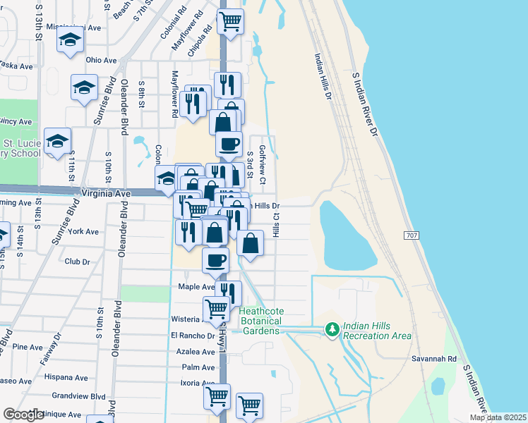 map of restaurants, bars, coffee shops, grocery stores, and more near 209 Indian Hills Drive in Fort Pierce