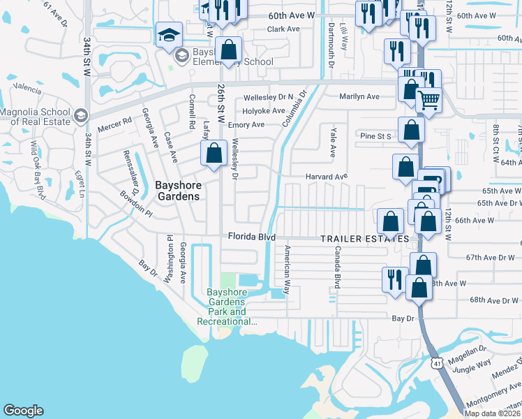 map of restaurants, bars, coffee shops, grocery stores, and more near 2303 Purdue Road in Bradenton