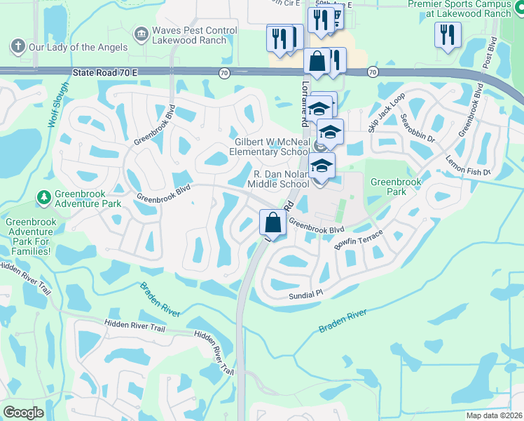 map of restaurants, bars, coffee shops, grocery stores, and more near 14127 Cattle Egret PIace in Lakewood Ranch