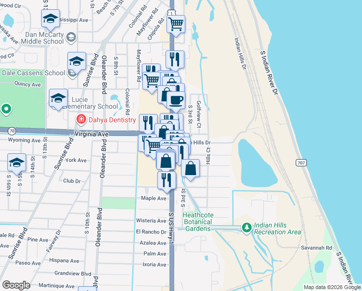 map of restaurants, bars, coffee shops, grocery stores, and more near 303 Indian Hills Drive in Fort Pierce