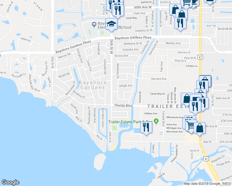 map of restaurants, bars, coffee shops, grocery stores, and more near 2501 Rose Avenue in Bradenton