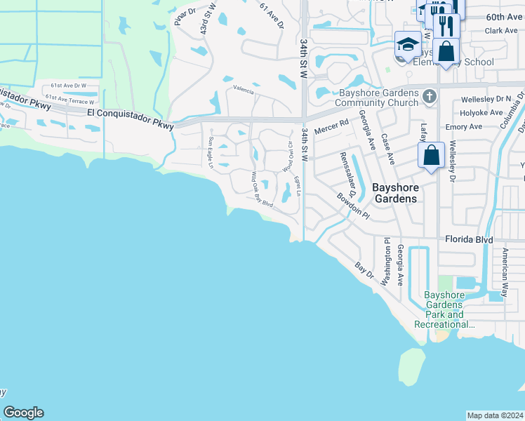 map of restaurants, bars, coffee shops, grocery stores, and more near 3470 Wild Oak Bay Boulevard in Bradenton