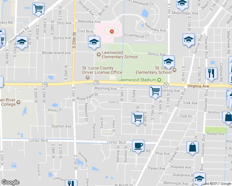 map of restaurants, bars, coffee shops, grocery stores, and more near 1906 Royal Palm Drive in Fort Pierce