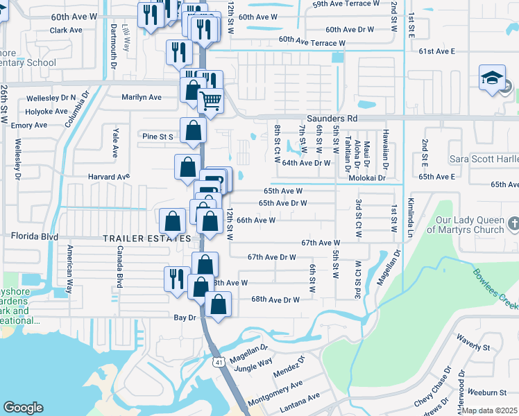 map of restaurants, bars, coffee shops, grocery stores, and more near 912 65th Avenue Drive West in Bradenton