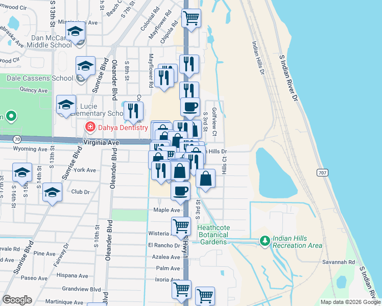 map of restaurants, bars, coffee shops, grocery stores, and more near 303 Indian Hills Drive in Fort Pierce