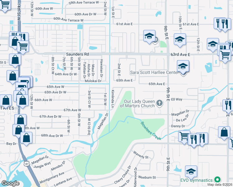 map of restaurants, bars, coffee shops, grocery stores, and more near 546 Magellan Drive in Sarasota
