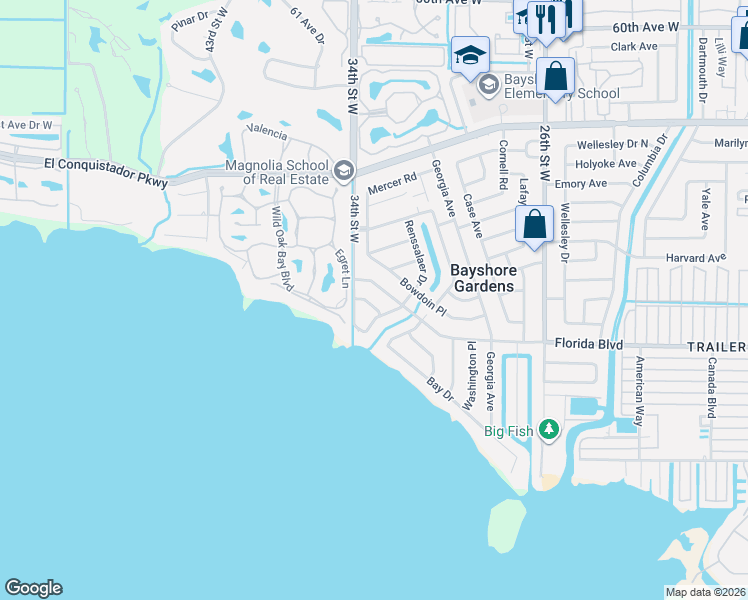 map of restaurants, bars, coffee shops, grocery stores, and more near 3208 Florida Boulevard in Bradenton