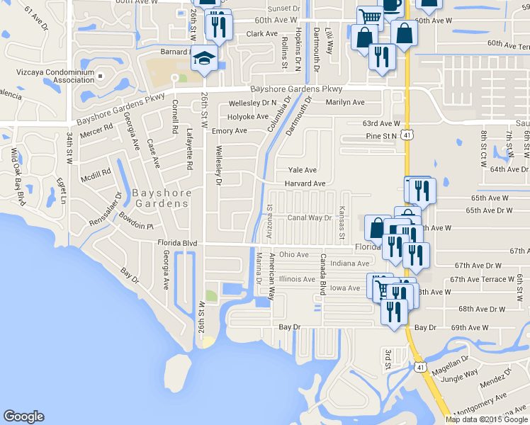 map of restaurants, bars, coffee shops, grocery stores, and more near 6522 Arizona Street in Bradenton