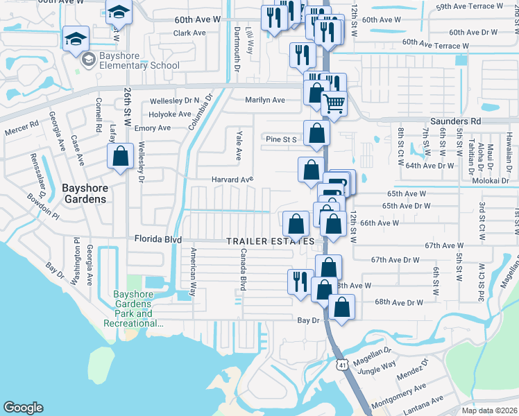 map of restaurants, bars, coffee shops, grocery stores, and more near 6522 Kansas Street in Bradenton