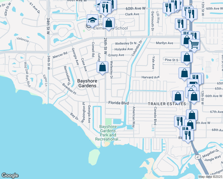 map of restaurants, bars, coffee shops, grocery stores, and more near Rose Avenue in Bradenton