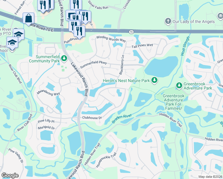 map of restaurants, bars, coffee shops, grocery stores, and more near 12108 Summer Meadow Drive in Lakewood Ranch