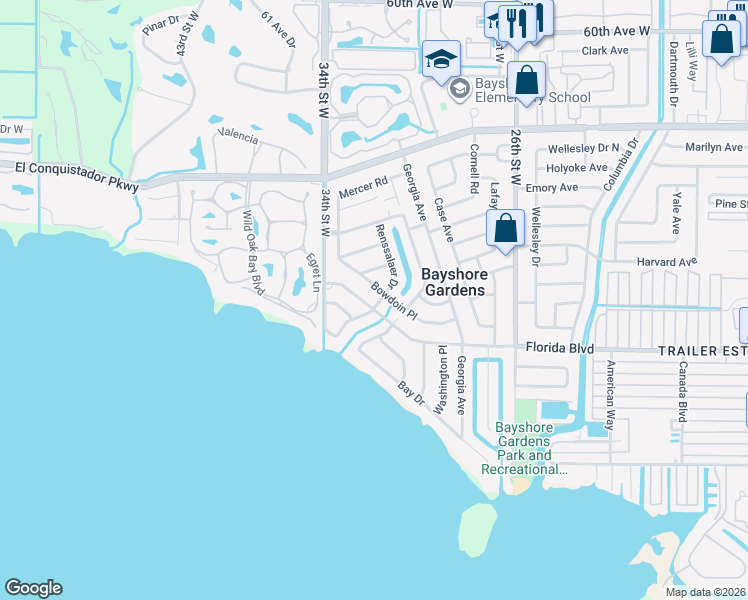 map of restaurants, bars, coffee shops, grocery stores, and more near 3203 Florida Boulevard in Bradenton