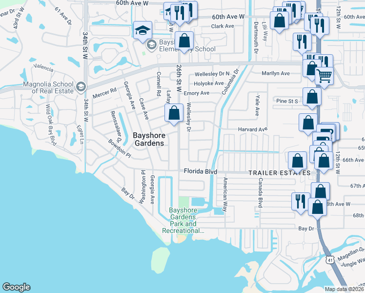map of restaurants, bars, coffee shops, grocery stores, and more near 2501 Rose Avenue in Bradenton