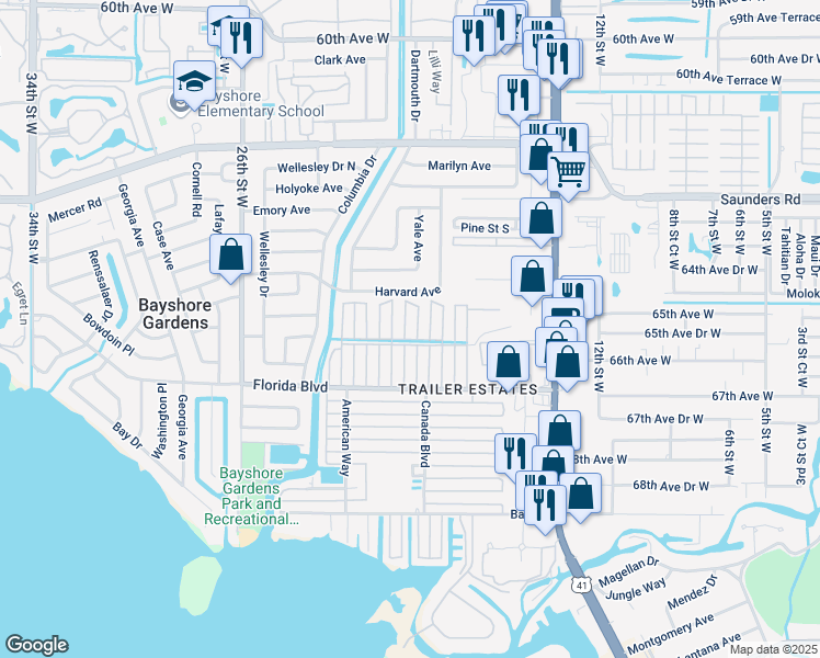 map of restaurants, bars, coffee shops, grocery stores, and more near 6522 Washington Street in Bradenton