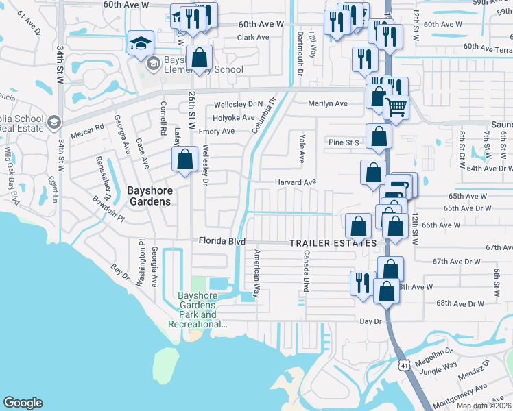 map of restaurants, bars, coffee shops, grocery stores, and more near 6522 Arizona Street in Bradenton