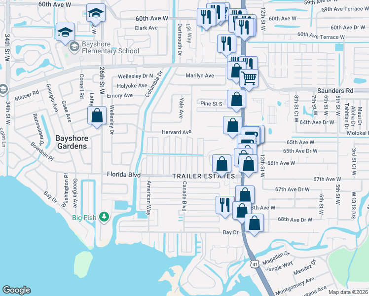 map of restaurants, bars, coffee shops, grocery stores, and more near 6522 Washington Street in Bradenton
