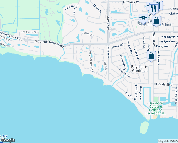 map of restaurants, bars, coffee shops, grocery stores, and more near 3470 Wild Oak Bay Boulevard in Bradenton