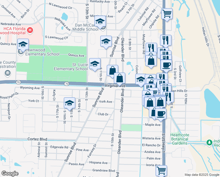 map of restaurants, bars, coffee shops, grocery stores, and more near 2302 Sunrise Boulevard in Fort Pierce