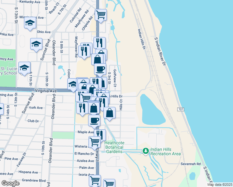 map of restaurants, bars, coffee shops, grocery stores, and more near 209 Indian Hills Drive in Fort Pierce