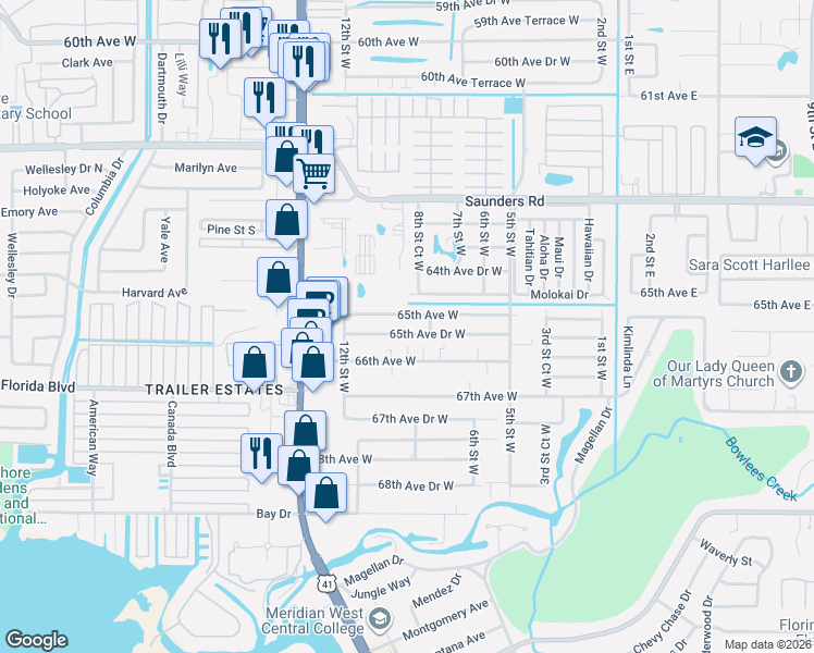map of restaurants, bars, coffee shops, grocery stores, and more near 912 65th Avenue Drive West in Bradenton