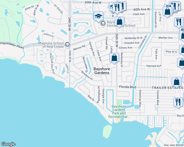 map of restaurants, bars, coffee shops, grocery stores, and more near 2912 Baylor Place in Bradenton