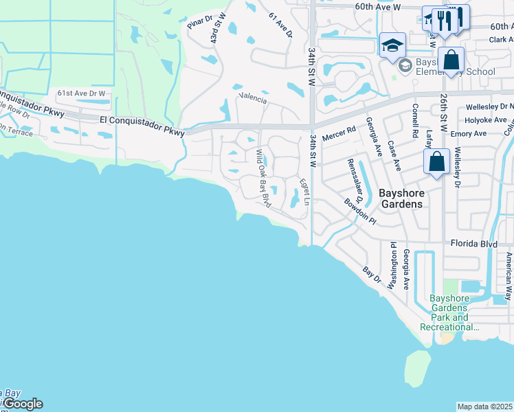 map of restaurants, bars, coffee shops, grocery stores, and more near 3470 Wild Oak Bay Boulevard in Bradenton