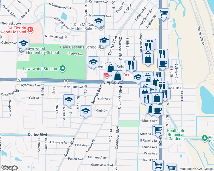 map of restaurants, bars, coffee shops, grocery stores, and more near 2302 Sunrise Boulevard in Fort Pierce