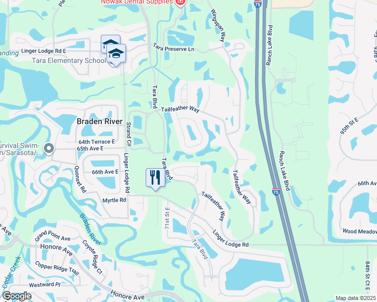 map of restaurants, bars, coffee shops, grocery stores, and more near 6384 Rookery Circle in Bradenton