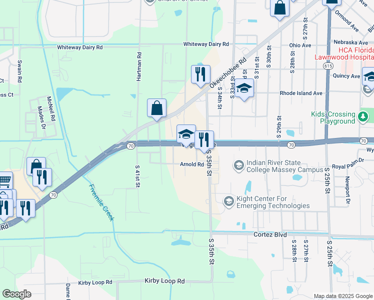 map of restaurants, bars, coffee shops, grocery stores, and more near 3651 Virginia Avenue in Fort Pierce