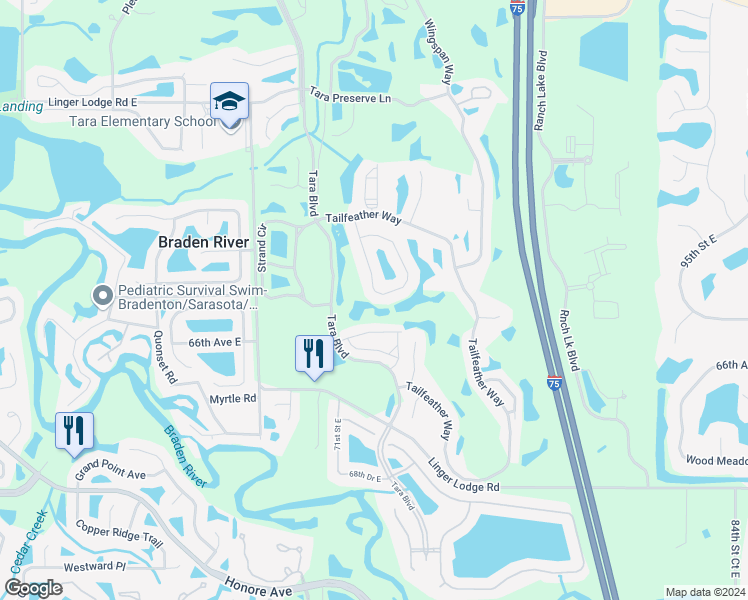 map of restaurants, bars, coffee shops, grocery stores, and more near 6384 Rookery Circle in Bradenton