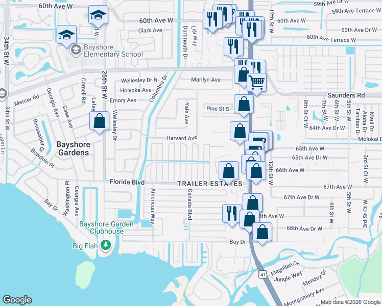 map of restaurants, bars, coffee shops, grocery stores, and more near 6522 Washington Street in Bradenton