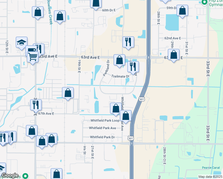 map of restaurants, bars, coffee shops, grocery stores, and more near 6447 Parkland Drive in Sarasota