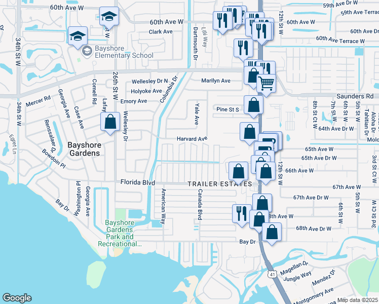 map of restaurants, bars, coffee shops, grocery stores, and more near 6522 Washington Street in Bradenton