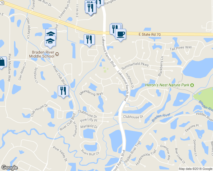 map of restaurants, bars, coffee shops, grocery stores, and more near 11406 Water Willow Avenue in Bradenton