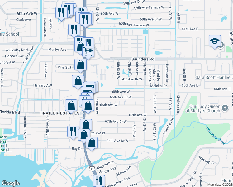 map of restaurants, bars, coffee shops, grocery stores, and more near 804 65th Avenue Drive West in Bradenton