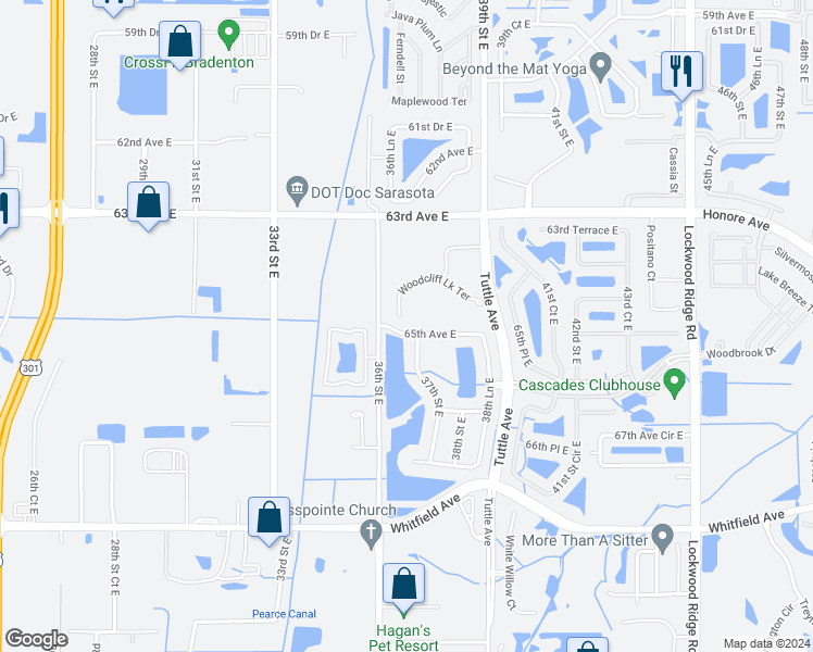 map of restaurants, bars, coffee shops, grocery stores, and more near 3607 65th Avenue East in Sarasota