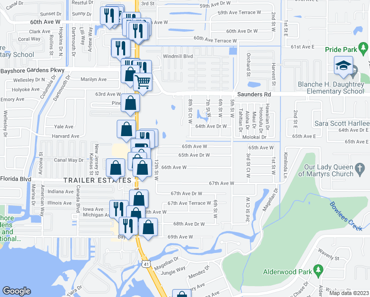 map of restaurants, bars, coffee shops, grocery stores, and more near 816 65th Avenue West in Bradenton