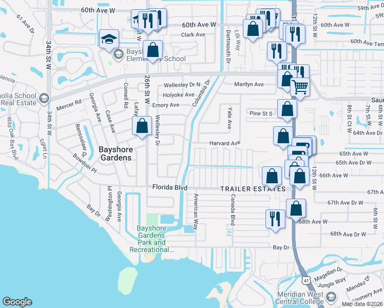 map of restaurants, bars, coffee shops, grocery stores, and more near 2107 Harvard Avenue in Bradenton